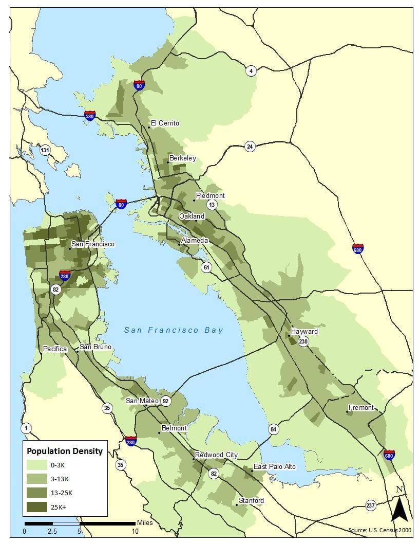 Mapa da baía área densidade de poboación